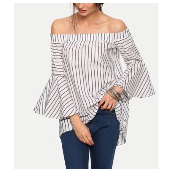 Striped Off The Shoulder Ruffle Bell Sleeve Blouse White Navy Womens Size Small - Picture 2 of 10